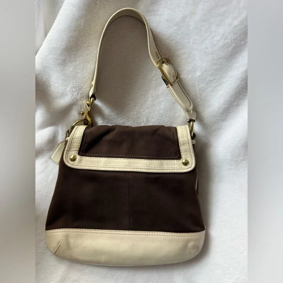 Coach Legacy Stripe Parchment/Brown Slim Flap Ali Turnlock Shoulder Bag $378 - Picture 7 of 16